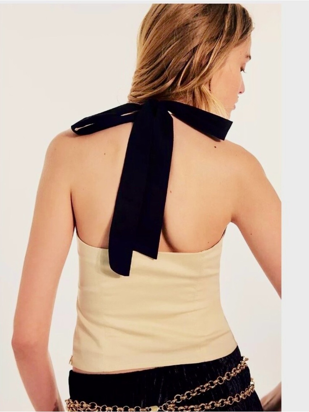 Free People Cream Halter Top with Black Tie- Large - Picture 2 of 7